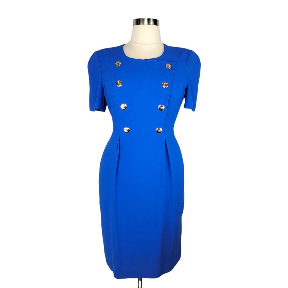 80s LIZ CLAIBORNE Cerulean Blue Crepe Midi Dress Military Inspired Sz 14